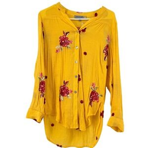Figueroa & Flower Women Embroidered Boho Blouse Yellow Floral Button Front Small